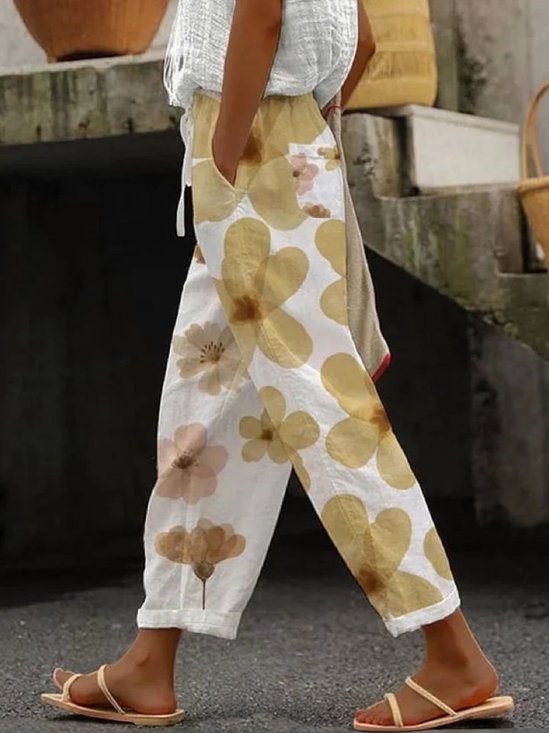 Pantalons Femmes Décontracté Floral Printemps / Automne Coton Naturel Coupe Régulière Pantalon droit Droit Régulier
