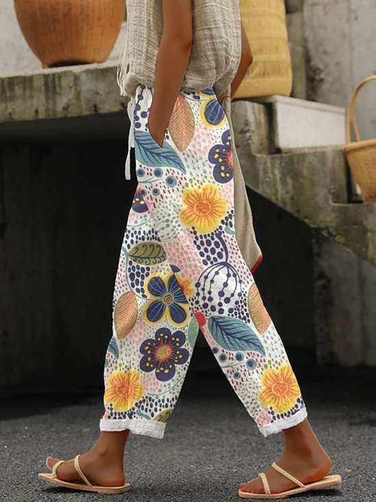 Pantalons Femmes Décontracté Floral Printemps / Automne Coton Micro-élasticité Quotidien Coupe Régulière Droit Régulier