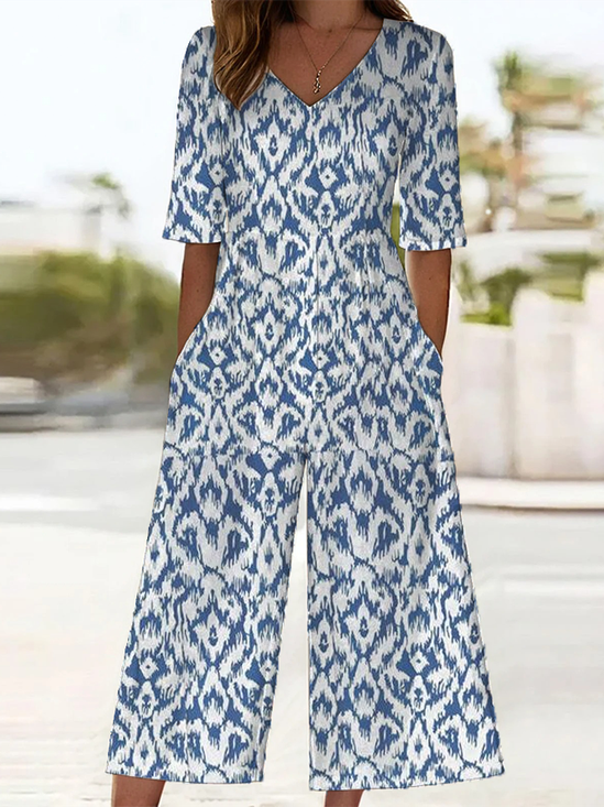 Combinaisons Géométrique Décontracté Été Imprimé Naturel Coupe Régulière Pantalon à la cheville Demi Manche Régulier pour Femmes