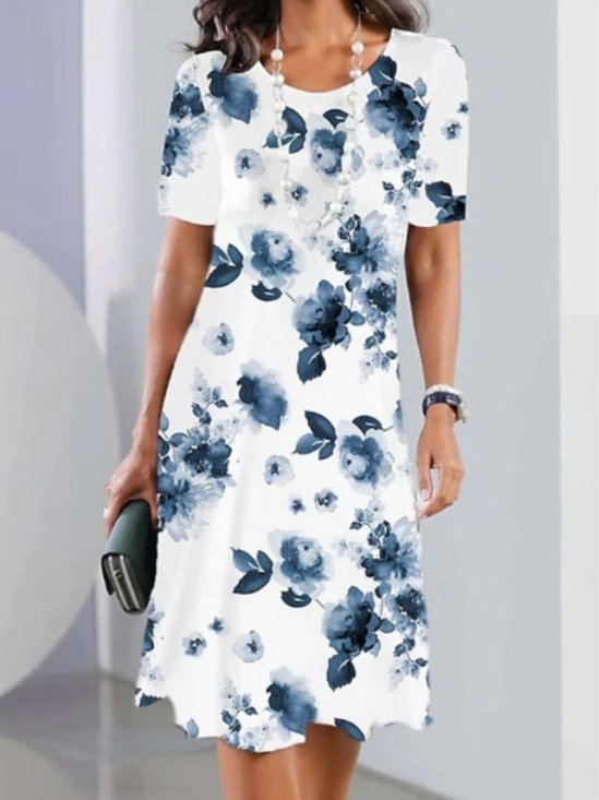 Femmes Floral Blanc Col Rond Confortable Robe Mi-Longue Décontracté