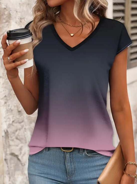 T-shirts Femmes Décontracté Ombre Été Col V Aucune élasticité Jersey Manches Courtes Droit Régulier