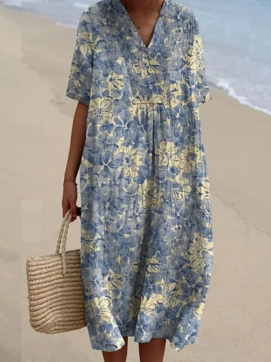 Femmes Floral Bleu Col V Confortable Robe Maxi Décontracté