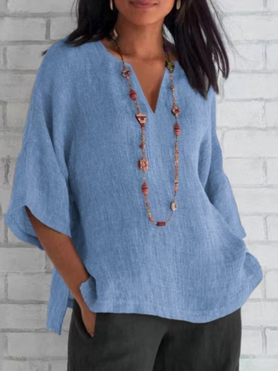 Blouses Décontracté Plain Été en Lin Col V Micro-élasticité Ample Régulier Trapèze pour Femmes