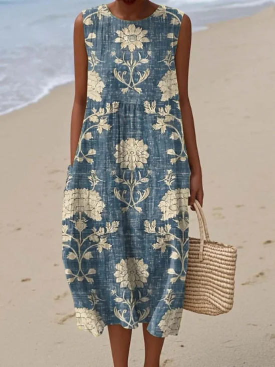 Femmes Floral Bleu Marine Col Rond Confortable Robe Maxi Décontracté
