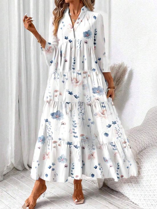 Femmes Floral Blanc Col V Confortable Robe Maxi Décontracté