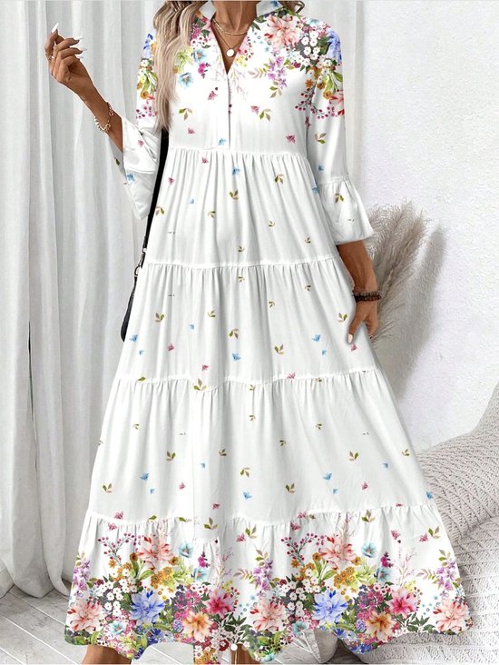 Femmes Floral Blanc Col V Confortable Robe Maxi Décontracté