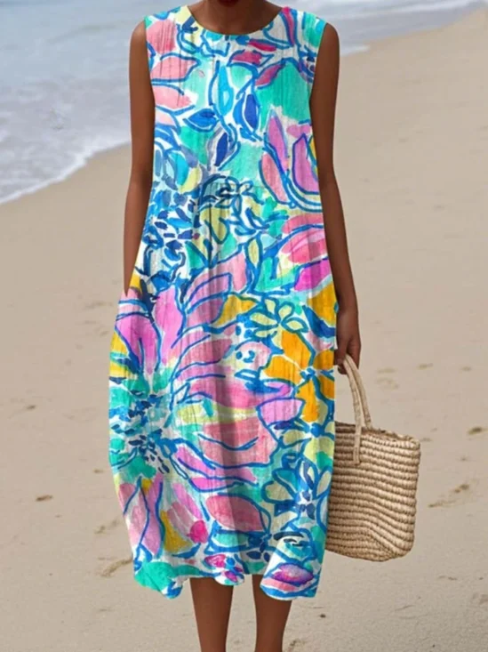 Femmes Floral Bleu Col Rond Confortable Robe Maxi Décontracté