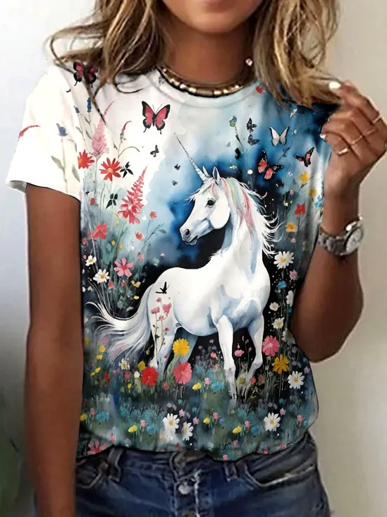 T-shirts Rétro La peinture Été Micro-élasticité Quotidien Coupe Régulière Col Rond Régulier Régulier pour Femmes