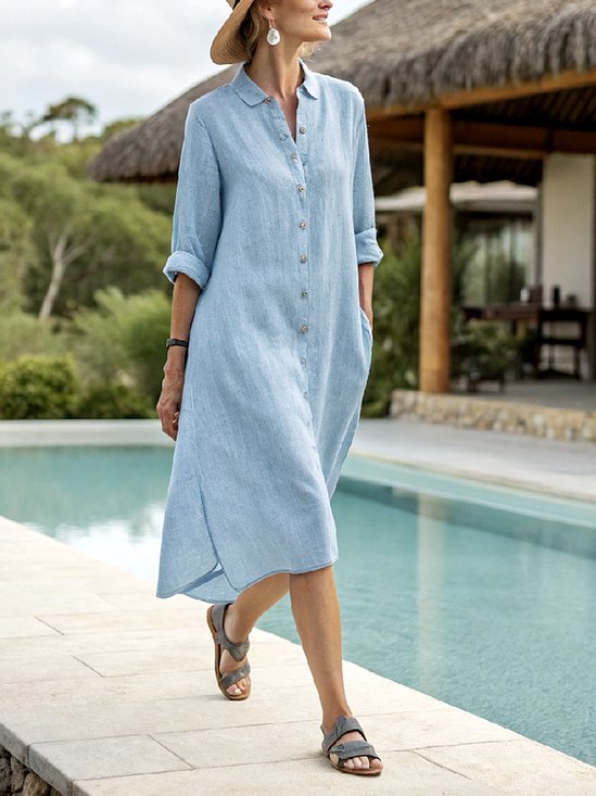Femmes Plain Lac Bleu Col de Chemise Confortable Robe Maxi Décontracté