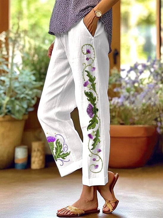 Pantalons Femmes Décontracté Floral Printemps / Automne Coton Naturel Quotidien Coupe Régulière Long Trapèze