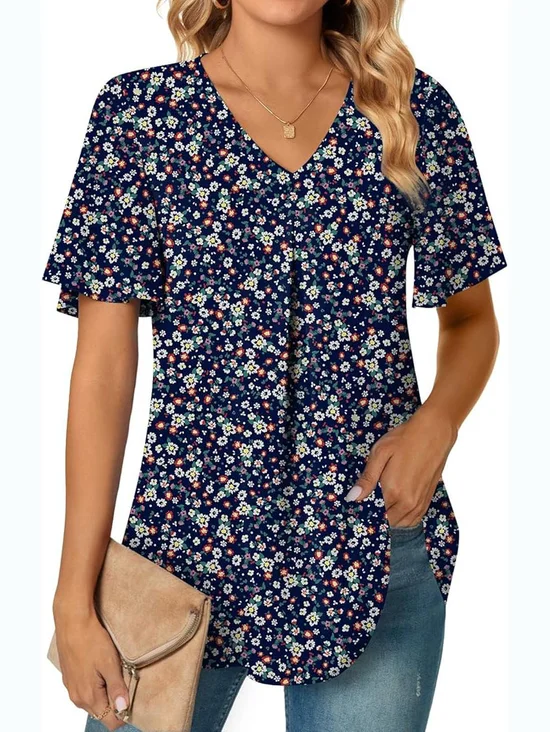 Chemises Femmes Décontracté Floral Été Polyester Col V Quotidien Manches Courtes Régulier Régulier