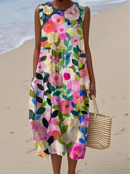 Femmes Floral Pêche Col Rond Confortable Robe Maxi Décontracté