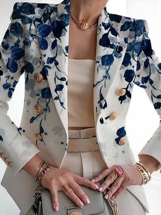 Micro-élasticité Manches Longues Devant Ouvert Régulier Floral Blazer Imprimé pour Femmes