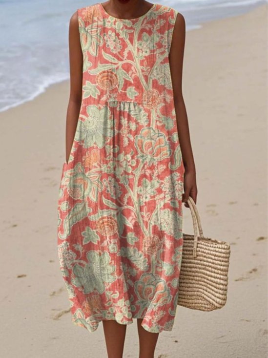 Femmes Floral Orange Col Rond Confortable Robe Maxi Décontracté
