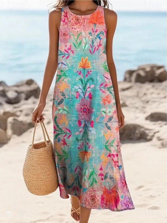 Femmes Floral Rose Col Rond Confortable Robe Maxi Décontracté