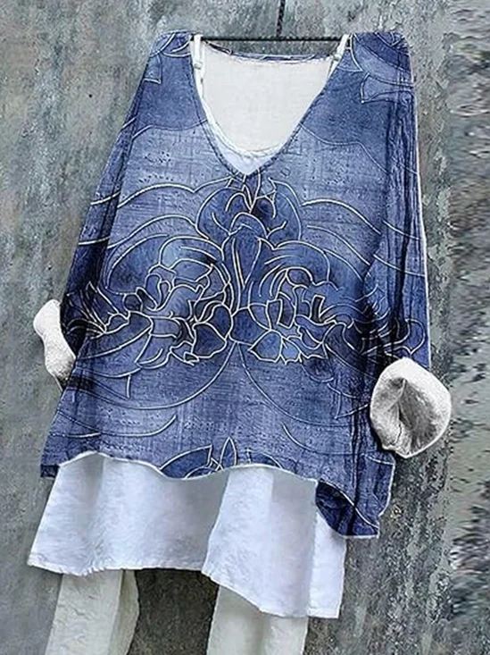 T-shirts Floral Rétro Printemps / Automne Coton Col V Micro-élasticité Quotidien Ample Régulier pour Femmes