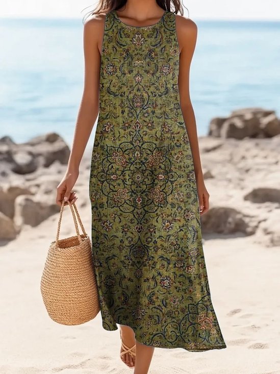 Femmes Floral Brun Col Rond Confortable Robe Maxi Décontracté
