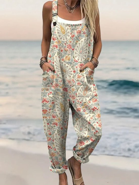 Combinaisons Boho Motif Cachemire Été Col Carré Coupe Régulière Long Gallus Top Débardeur Droit pour Femmes