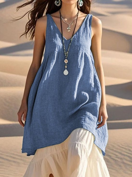 Femmes Plain Bleu Ciel Col V Confortable Robe Mi-Longue Décontracté