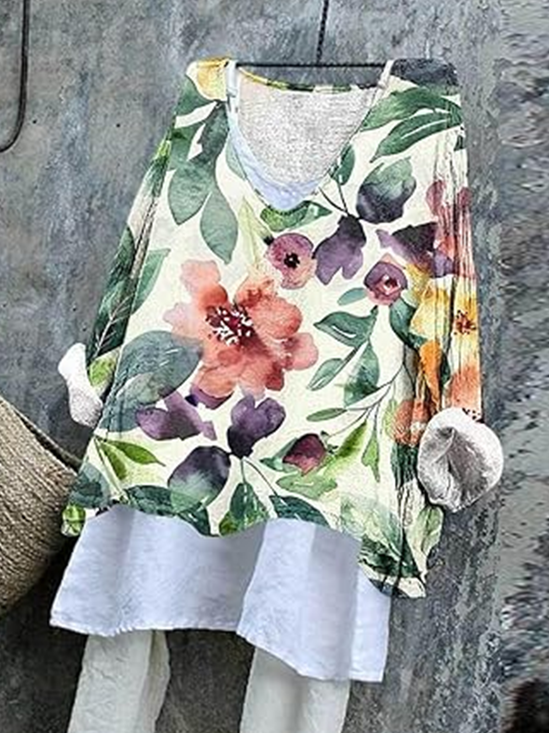 T-shirts en Lin Floral Printemps / Automne Coton Micro-élasticité Quotidien Manches Longues Régulier Trapèze pour Femmes