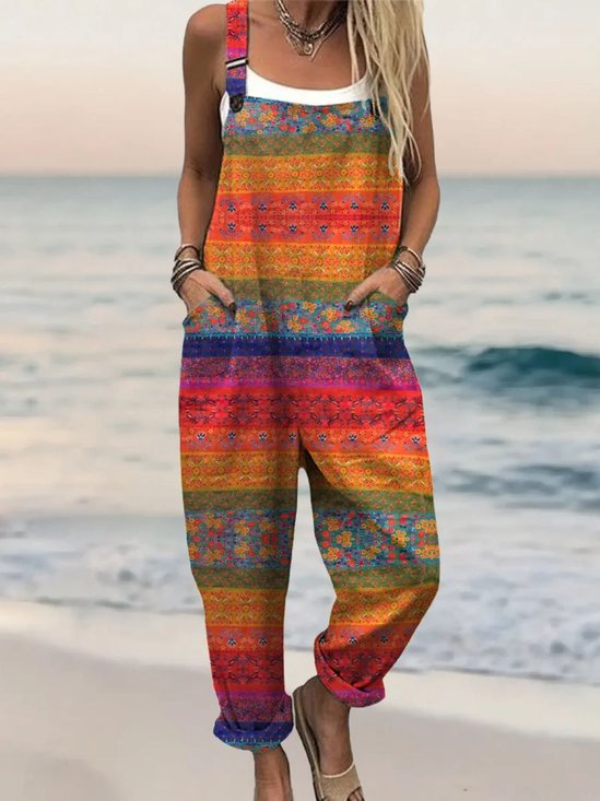 Combinaisons Femmes Ethnique Boho Été Naturel Micro-élasticité Coupe Régulière Coton Et Lin Long Top Débardeur
