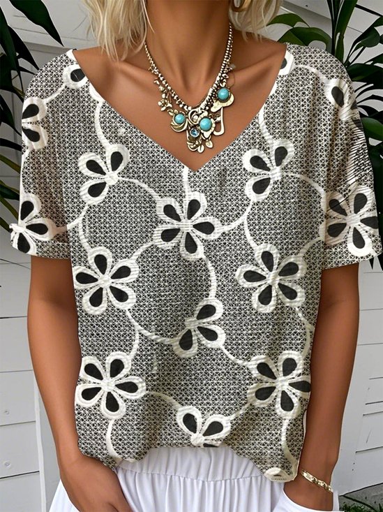 T-shirts Simple Floral Été Aucune élasticité Ample Manches Courtes Régulier Droit T.-N.-L. pour Femmes