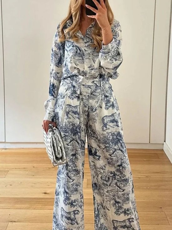 Deux Pièces Ensembles Femmes Vacances Plantes Printemps / Automne Coton Naturel Coupe Régulière Manches Longues Top Avec Pantalons Col de Chemise