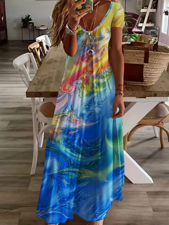 Femmes Abstrait Bleu Col V Confortable Imprimé Robe Maxi Décontracté