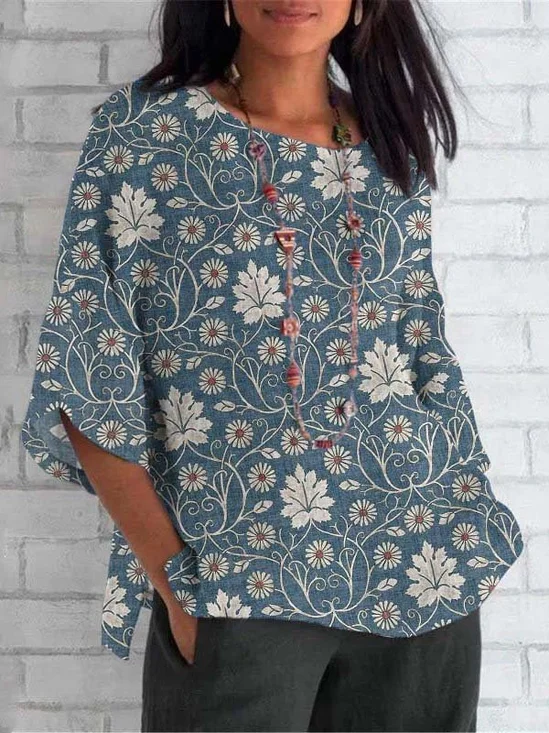 T-shirts Femmes Décontracté Floral Printemps / Automne en Lin Quotidien Coupe Régulière Col Rond Régulier Régulier