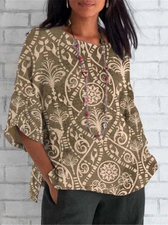 T-shirts Décontracté Floral Printemps / Automne en Lin Micro-élasticité Coupe Régulière Régulier Trapèze Régulier pour Femmes