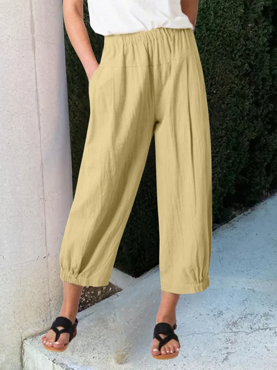 Pantalons Femmes en Lin Plain Printemps / Automne Coton Naturel Micro-élasticité Ample Pantalons à Jambe Large Droit