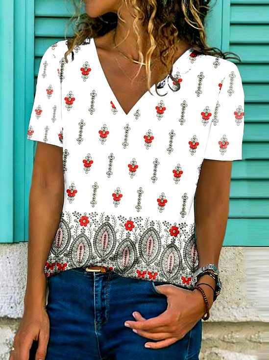 T-shirts Femmes Décontracté Floral Été Polyester Col V Micro-élasticité Quotidien Trapèze Régulier
