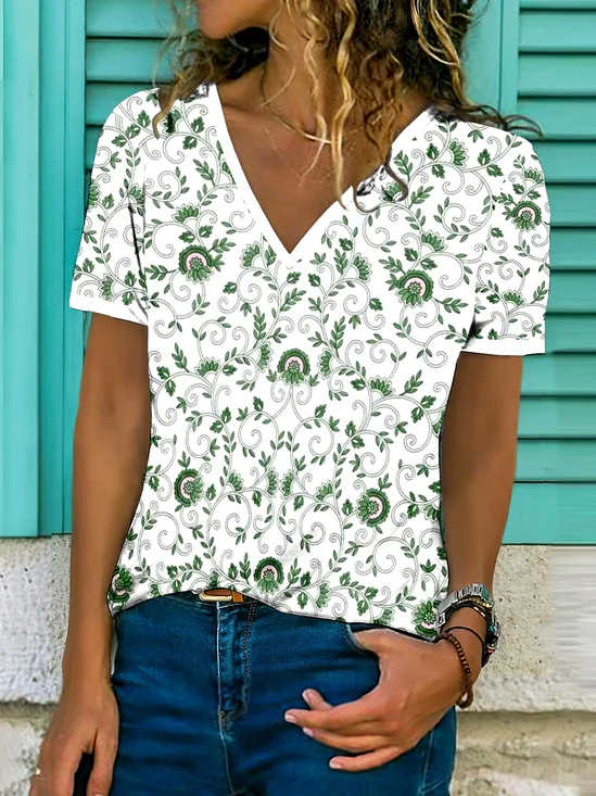 T-shirts Femmes Décontracté Floral Été Col V Micro-élasticité Coupe Régulière Manches Courtes Régulier Trapèze