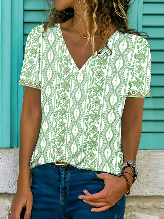 T-shirts Femmes Décontracté Floral Été Col V Micro-élasticité Coupe Régulière Manches Courtes Trapèze Régulier