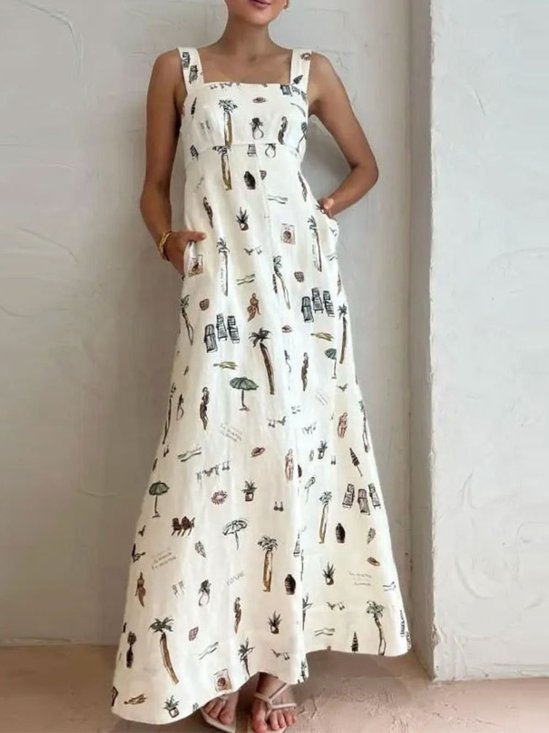 Femmes La peinture Blanc à Bretelles Confortable Robe Maxi Décontracté
