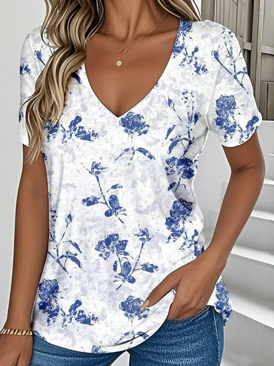T-shirts Décontracté Floral Été Polyester Col V Quotidien Coupe Régulière Régulier Trapèze pour Femmes