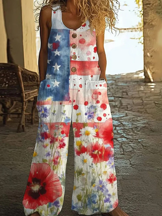 Combinaisons Décontracté Floral Été Micro-élasticité Coupe Régulière Col Rond Long Salopette Régulier pour Femmes