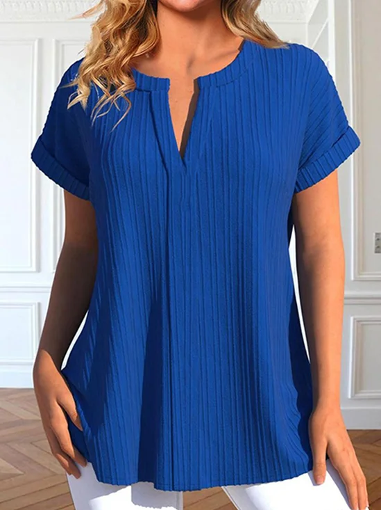 Blouses Décontracté Plain Été Aucune élasticité Demi Manche Entaillé Régulier Droit Régulier pour Femmes
