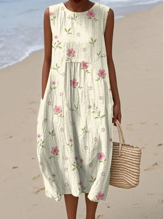 Femmes Floral Beige Col Rond Confortable Robe Maxi Décontracté
