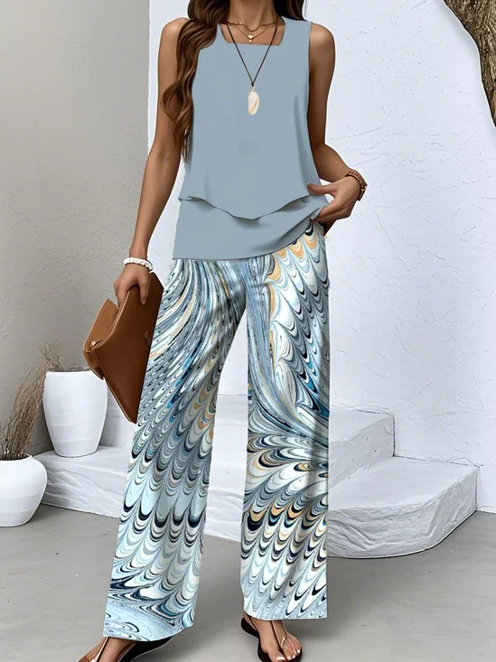 Deux Pièces Ensembles Femmes Motif dégradé Décontracté Été Polyester Naturel Coupe Régulière Sans Manches Top Avec Pantalons Régulier