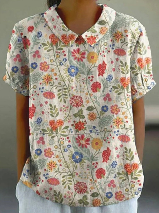 Blouses Simple Floral Été Coton Aucune élasticité Ample Demi Manche Col Châle Régulier pour Femmes