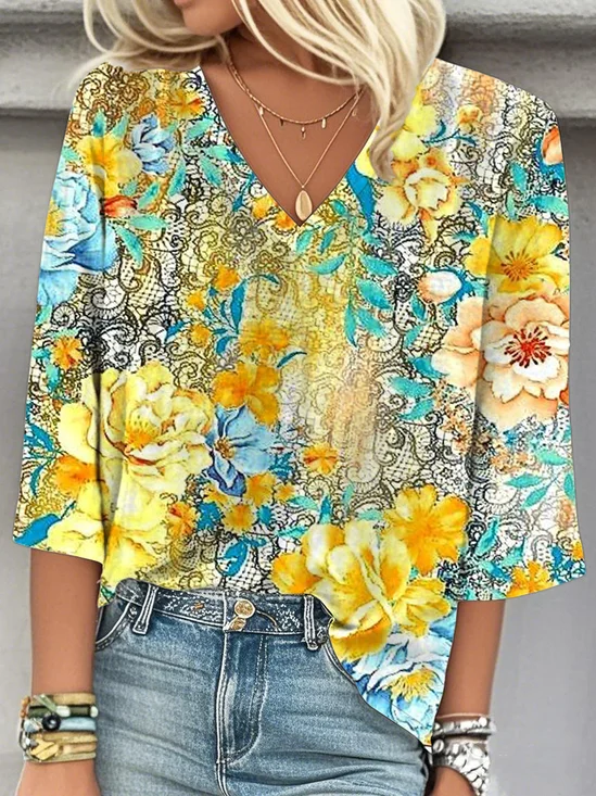 Blouses Simple Floral Printemps / Automne Polyester Quotidien Manches trois quarts Droit Régulier Non pour Femmes