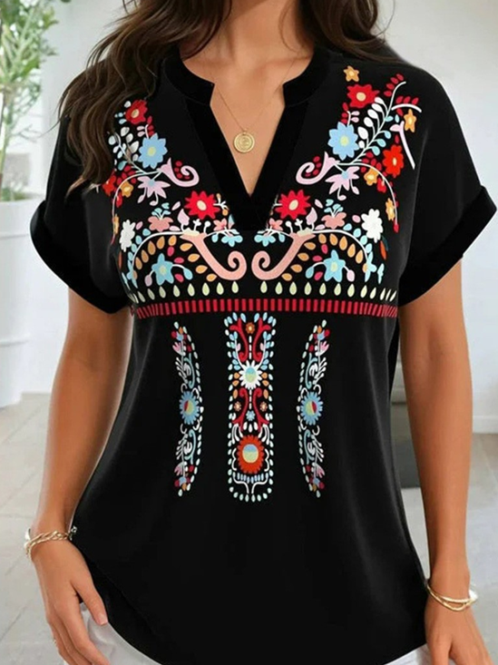 Blouses Femmes Décontracté Ethnique Été Polyester Ample Demi Manche Entaillé Droit Régulier