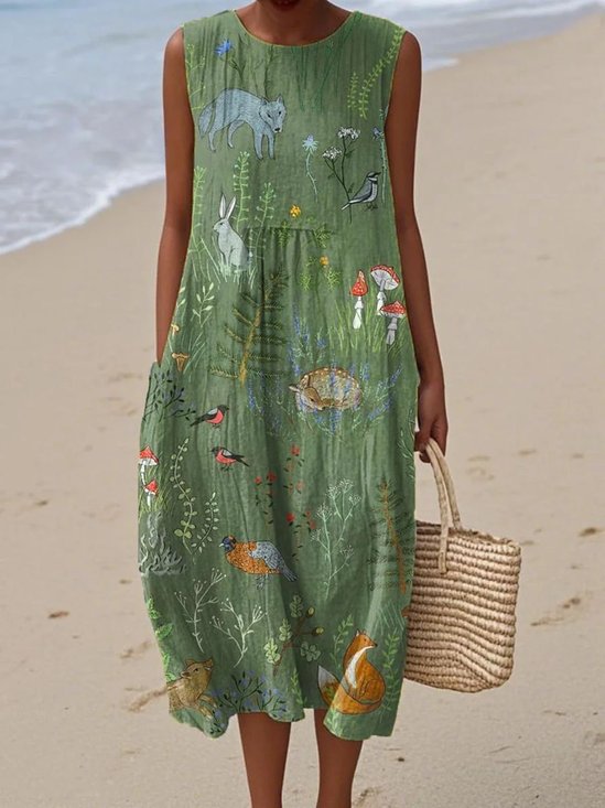Femmes La peinture Vert Col Rond Confortable Robe Maxi Décontracté