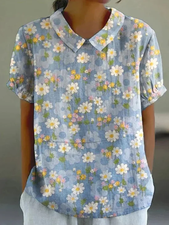 Blouses Élégant Floral Été Coton Quotidien Demi Manche Régulier Droit Régulier pour Femmes