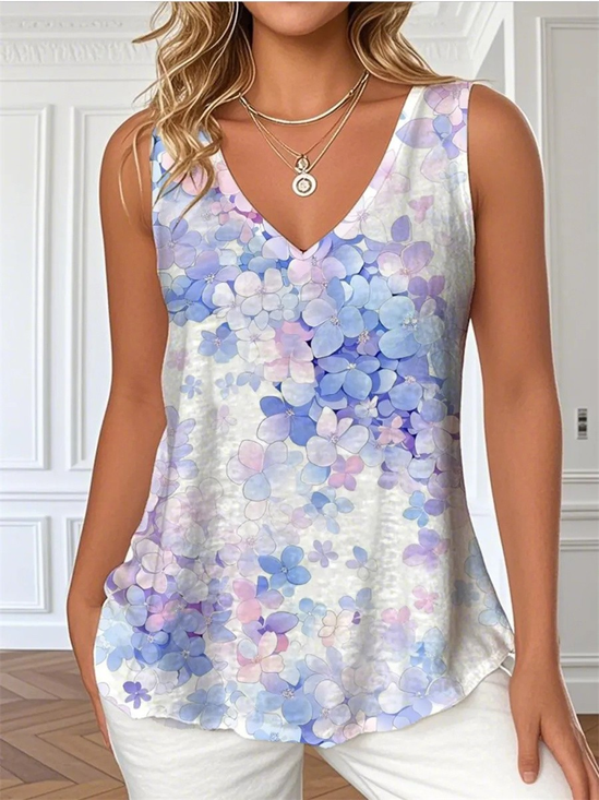 Top Débardeur Tops Femmes Décontracté Floral Été Coton Col V Micro-élasticité Coupe Régulière Sans Manches Régulier