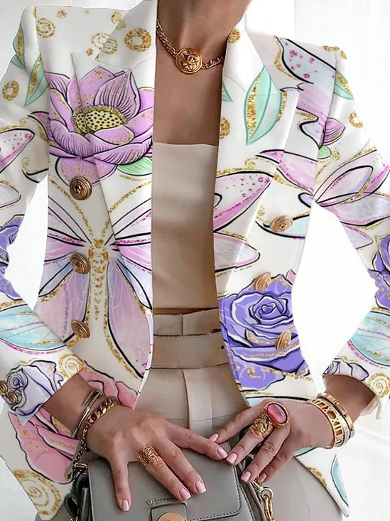 Micro-élasticité Col Châle Manches Longues Devant Ouvert Régulier Floral Blazer Imprimé pour Femmes