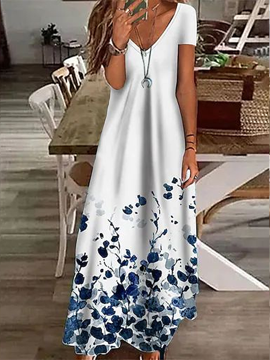Femmes Floral Blanc Col V Confortable Imprimé Robe Maxi Décontracté