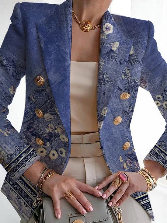 Micro-élasticité Manches Longues Devant Ouvert Régulier Floral Blazer Imprimé pour Femmes