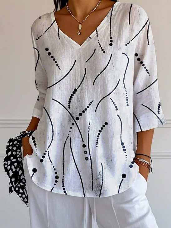 T-shirts Femmes Pois Polka Simple Printemps / Automne Polyester Col V Micro-élasticité Quotidien Manches trois quarts Ligne T